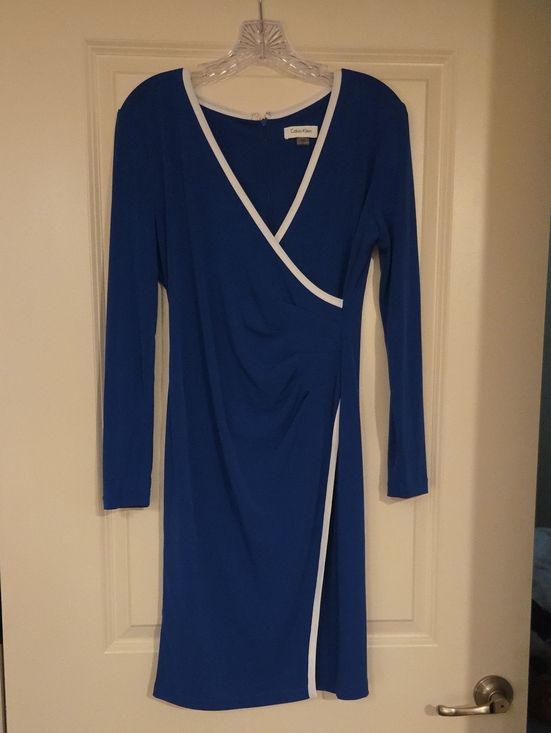 Calvin Klein Dresses & Skirts - Calvin Klein Royal Blue Long-Sleeve Faux-Wrap Dress with White Trim